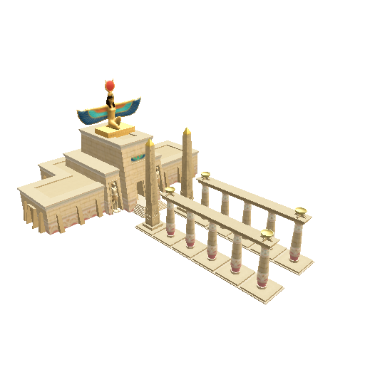 A maxed-tier Guild Hall, fully expanded into a temple complex with obelisks, columns, and a statue of Isis